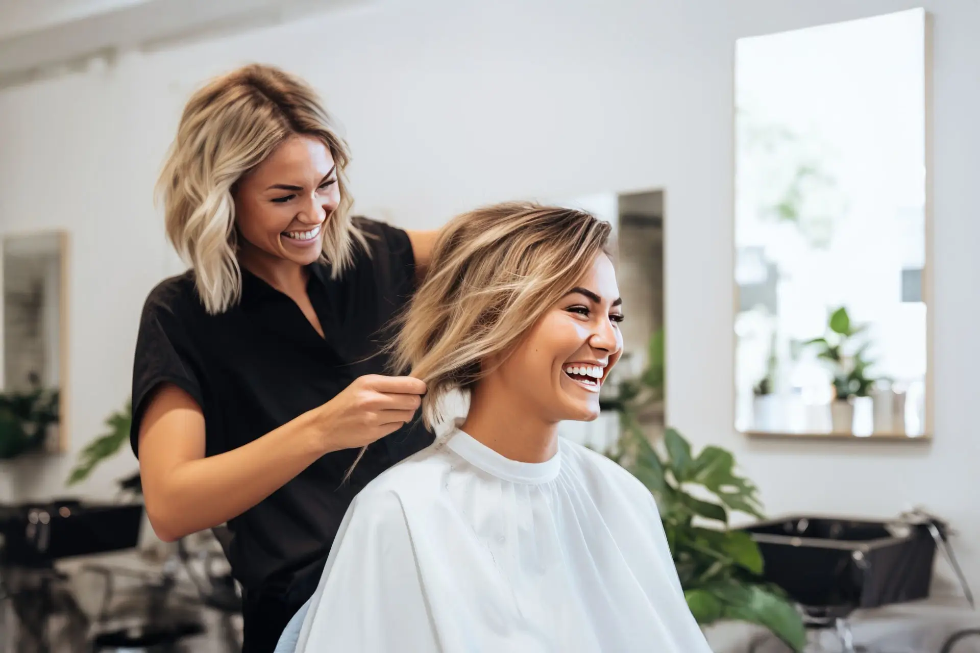 selective focus of hairdresser cutting hair of happy woman in beauty salon.